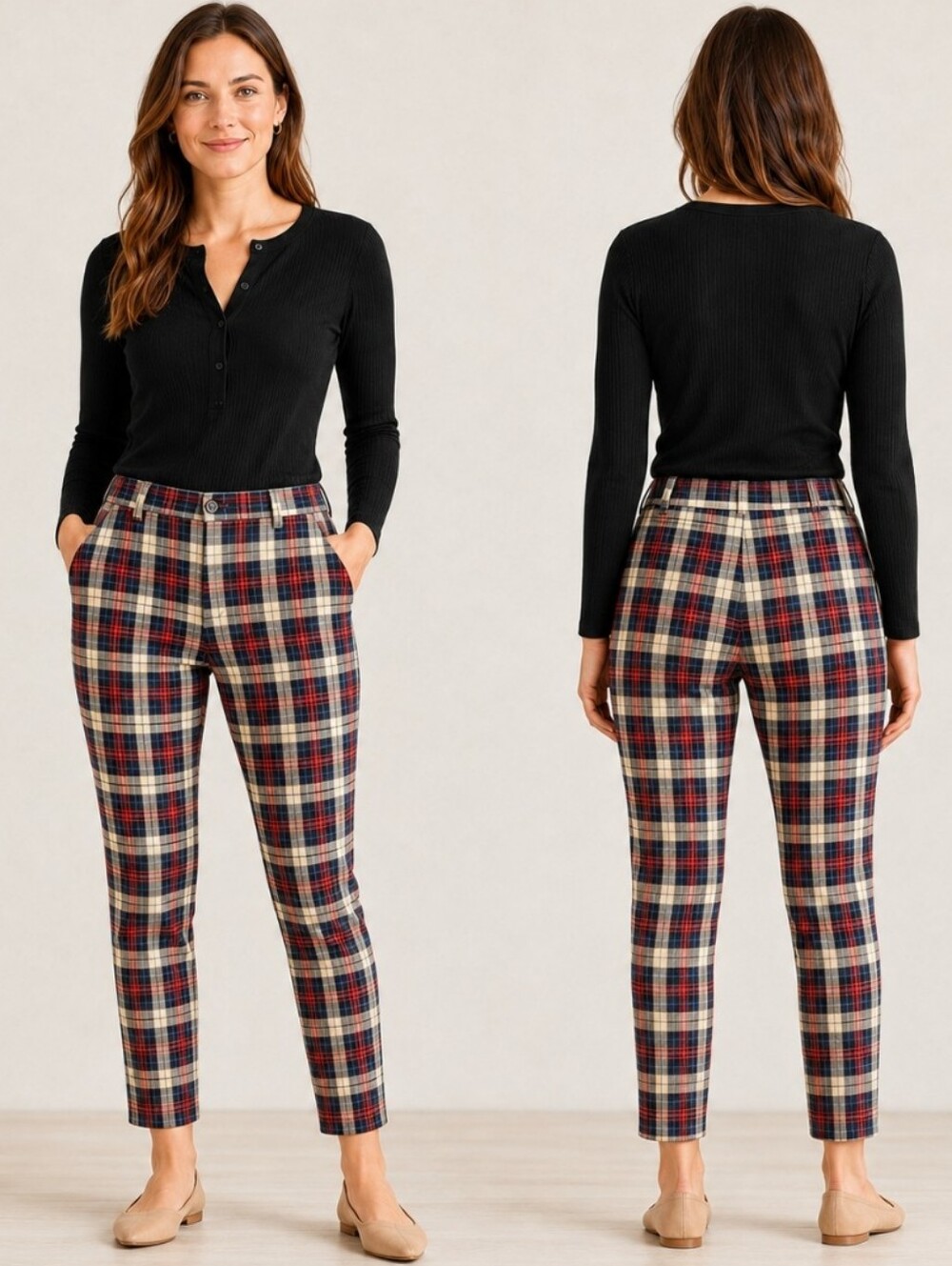 Hot & Delicious Plaid Pixie Ankle Pants Red Navy Cream Women’s M